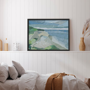 Abstract artwork features a coastal landscape with blue waters and gentle green hills. The composition uses geometric shapes to create a serene and vibrant atmosphere.