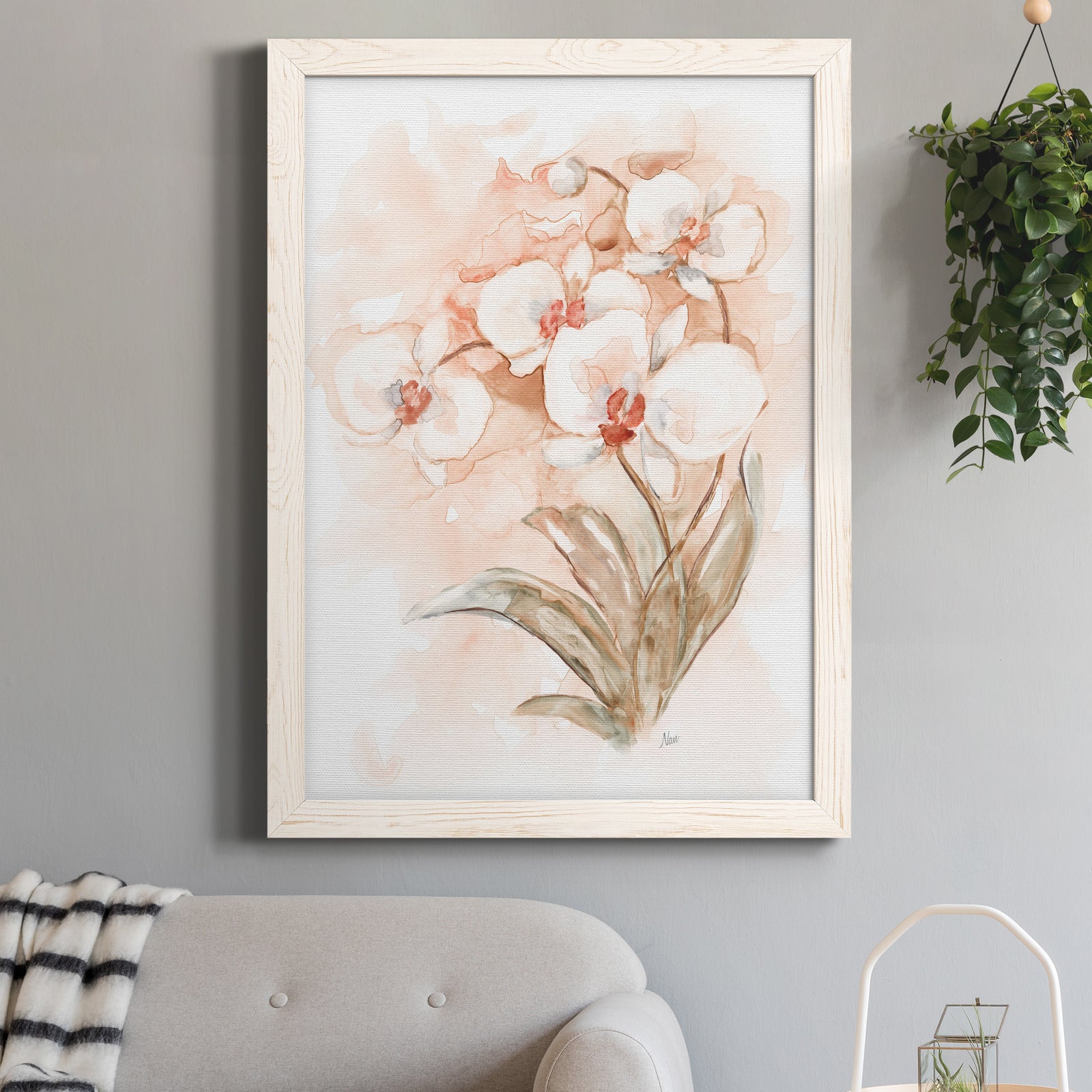 White and Coral Orchid II - Barnwood Framed Canvas Print