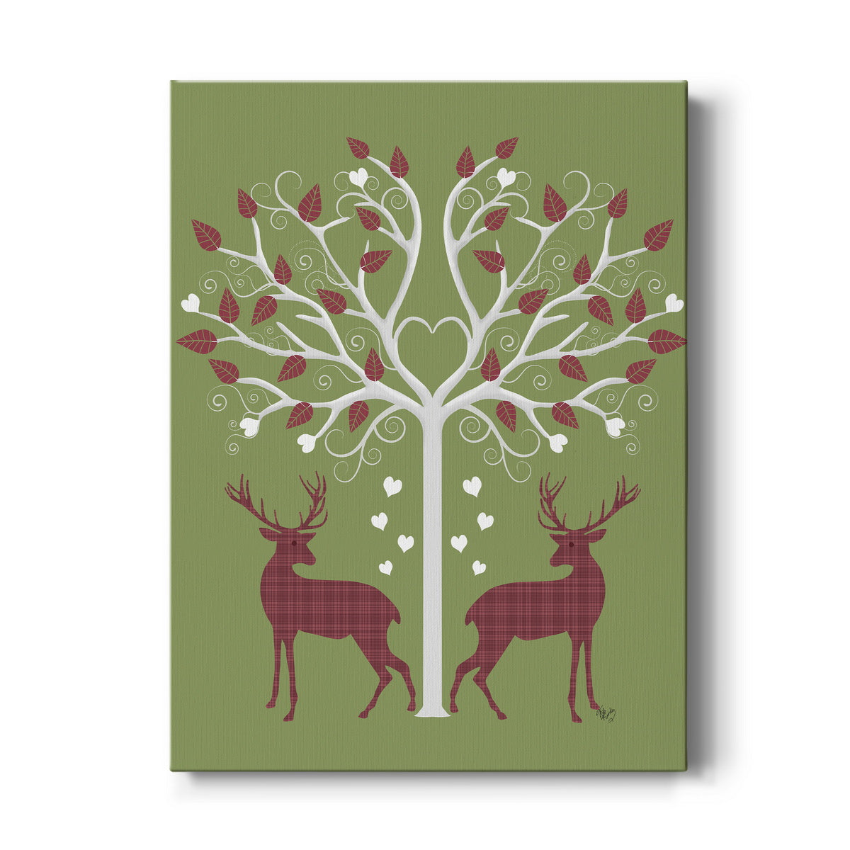 Christmas Des - Deer and Heart Tree, Pink On Green Premium Gallery Wrapped Canvas - Ready to Hang