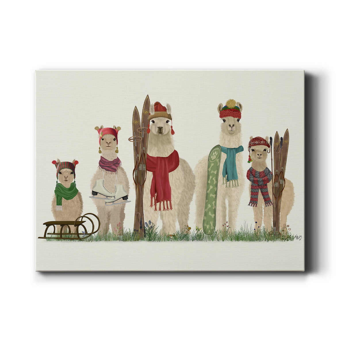 Llama Family Winter Sports - Canvas Art Print