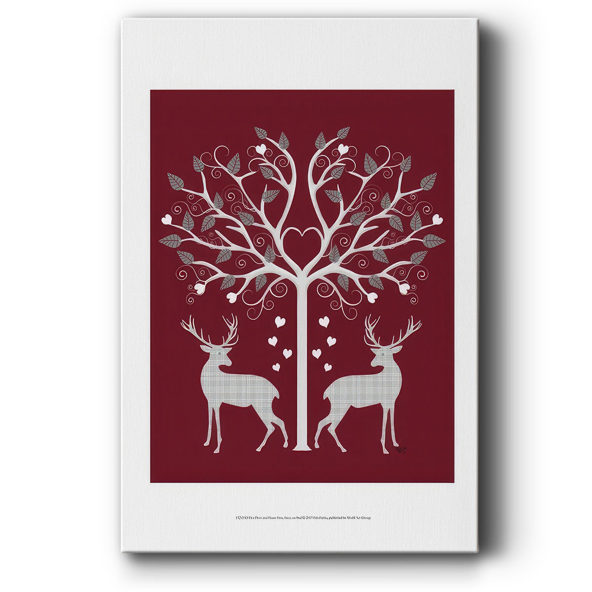 Christmas Des - Deer and Heart Tree, Grey on Red - Canvas Art Print