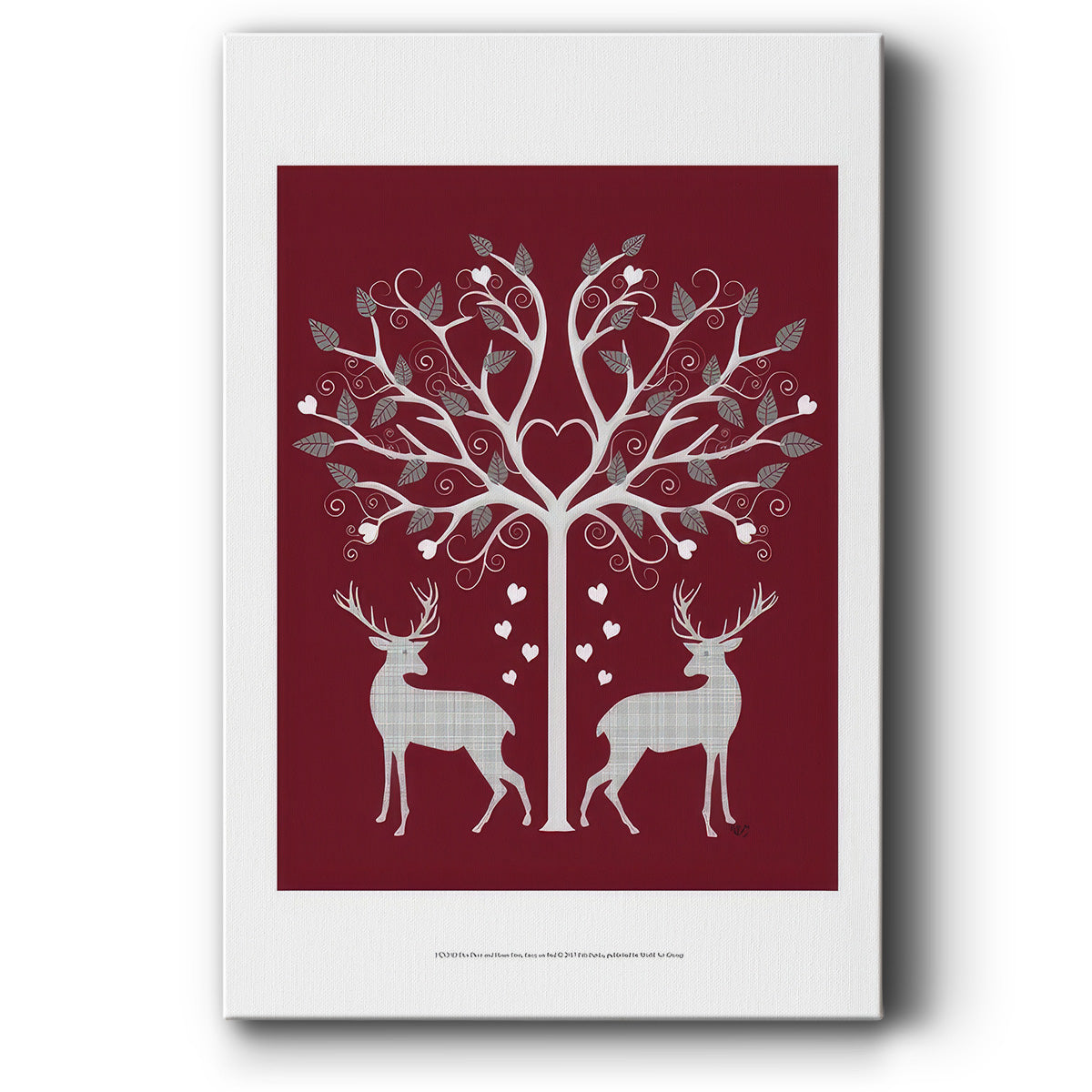 Christmas Des  - Deer and Heart Tree, Grey on Red - Gallery Wrapped Canvas