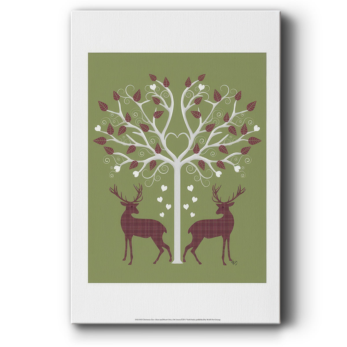 Christmas Des - Deer and Heart Tree, Pink On Green - Canvas Art Print