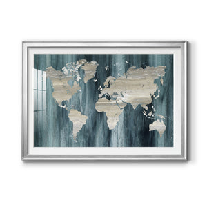 Navy World Map Premium Framed Print - Ready to Hang