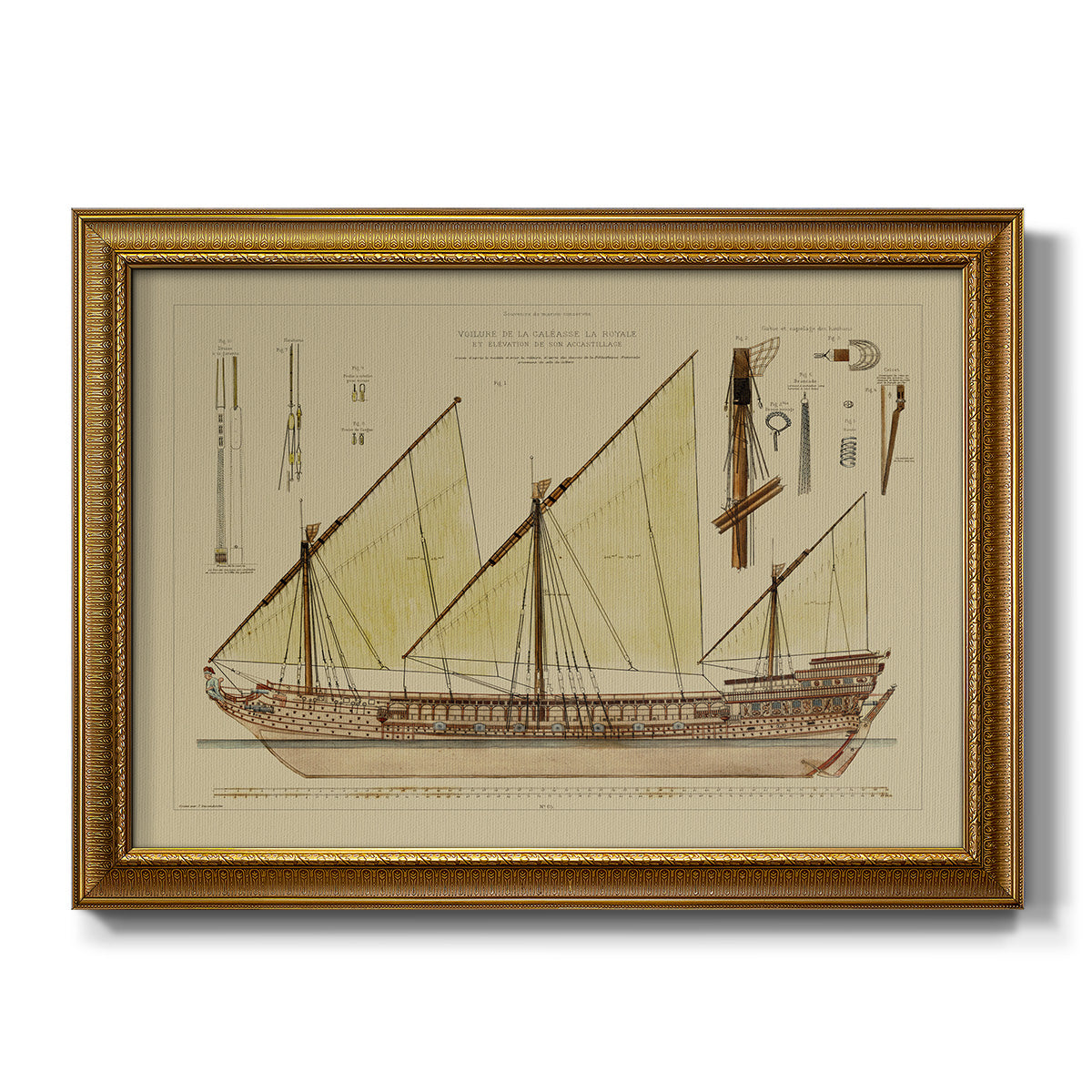 Antique Ship Plan VI - Ornate Framed Canvas Print