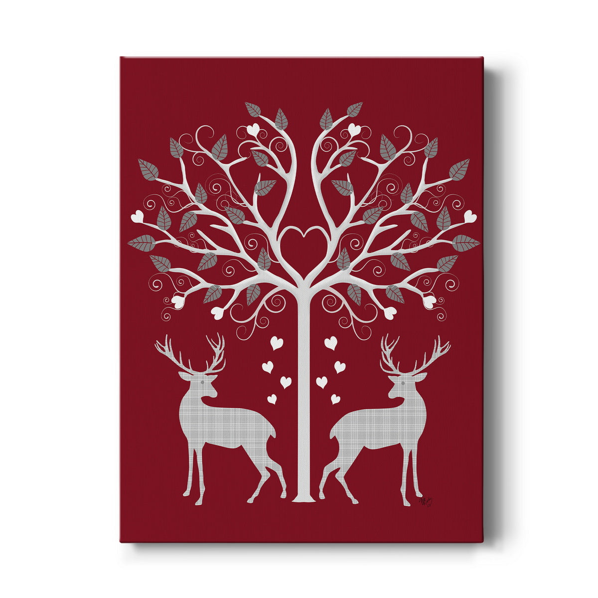 Christmas Des - Deer and Heart Tree, Grey on Red - Canvas Art Print