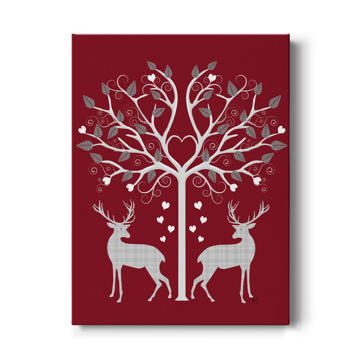 Christmas Des - Deer and Heart Tree, Grey on Red Premium Gallery Wrapped Canvas - Ready to Hang
