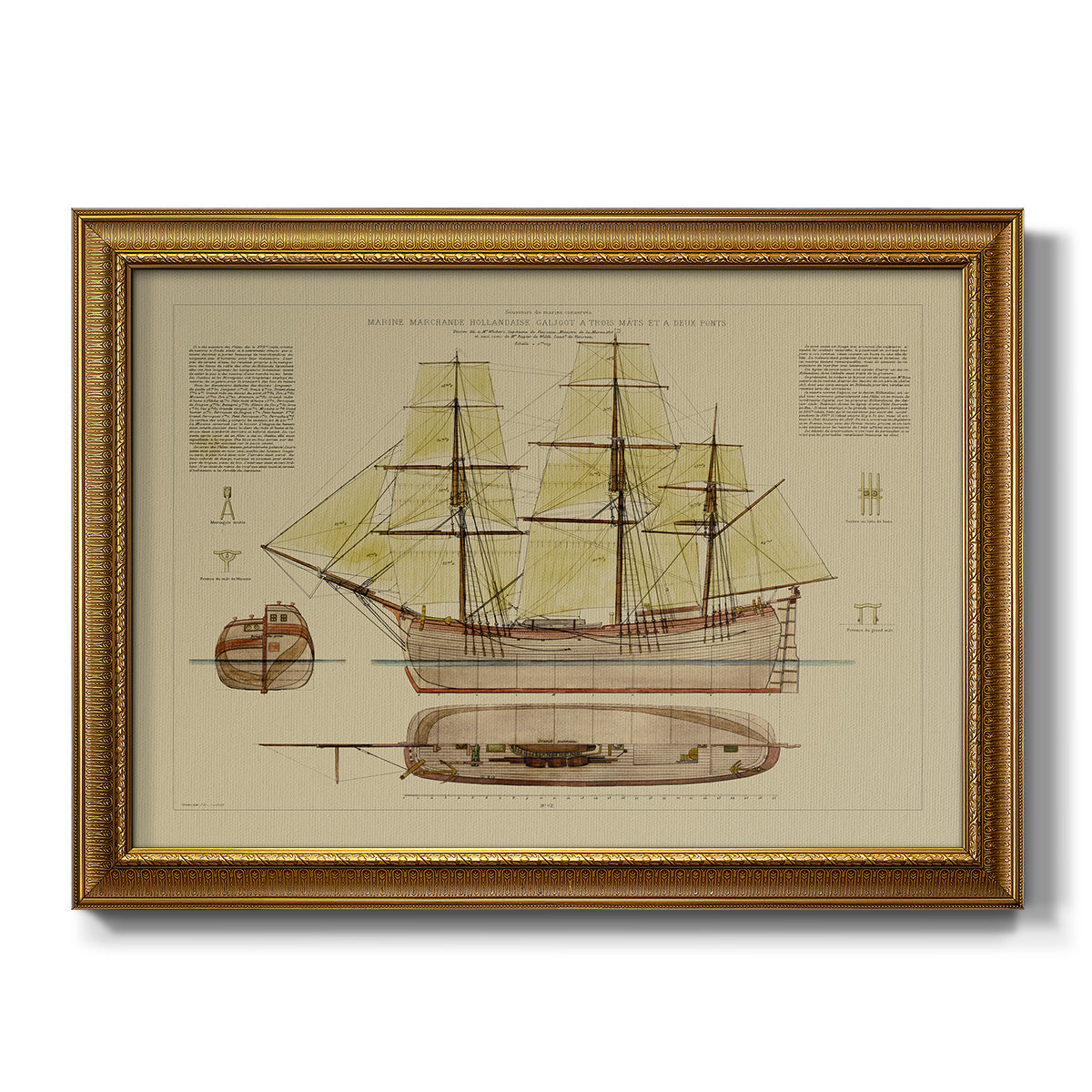 Antique Ship Plan VII - Ornate Framed Canvas Print
