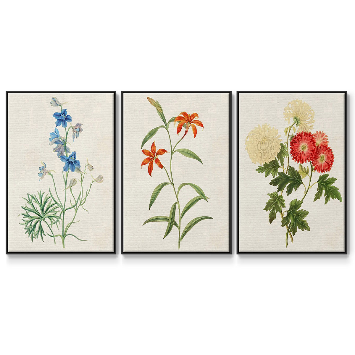 Flowers of the Seasons I - Framed Premium Gallery Wrapped Canvas L Frame 3 Piece Set - Ready to Hang