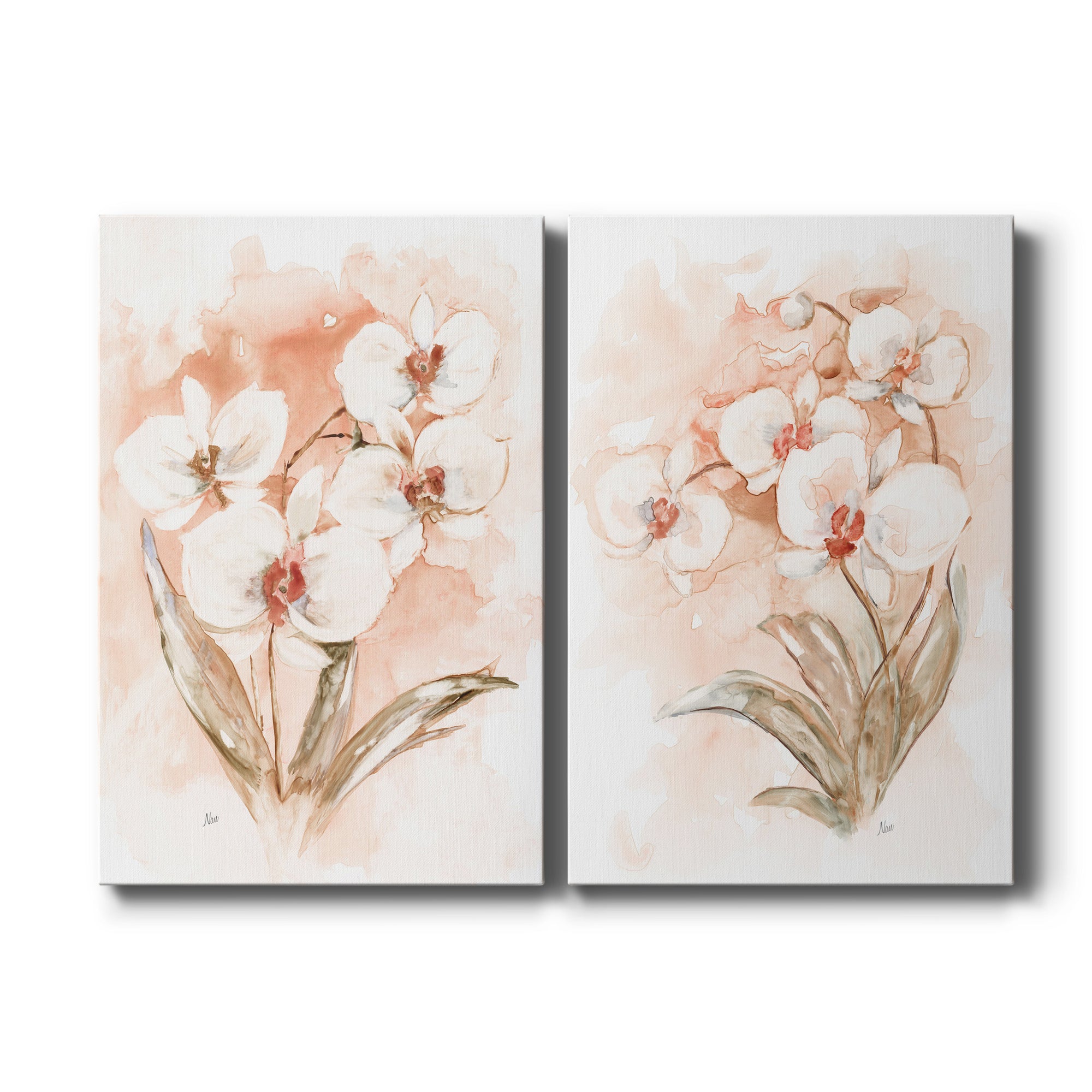 White and Coral Orchid I Premium Gallery Wrapped Canvas - Ready to Hang - Set of 2 - 8 x 12 Each