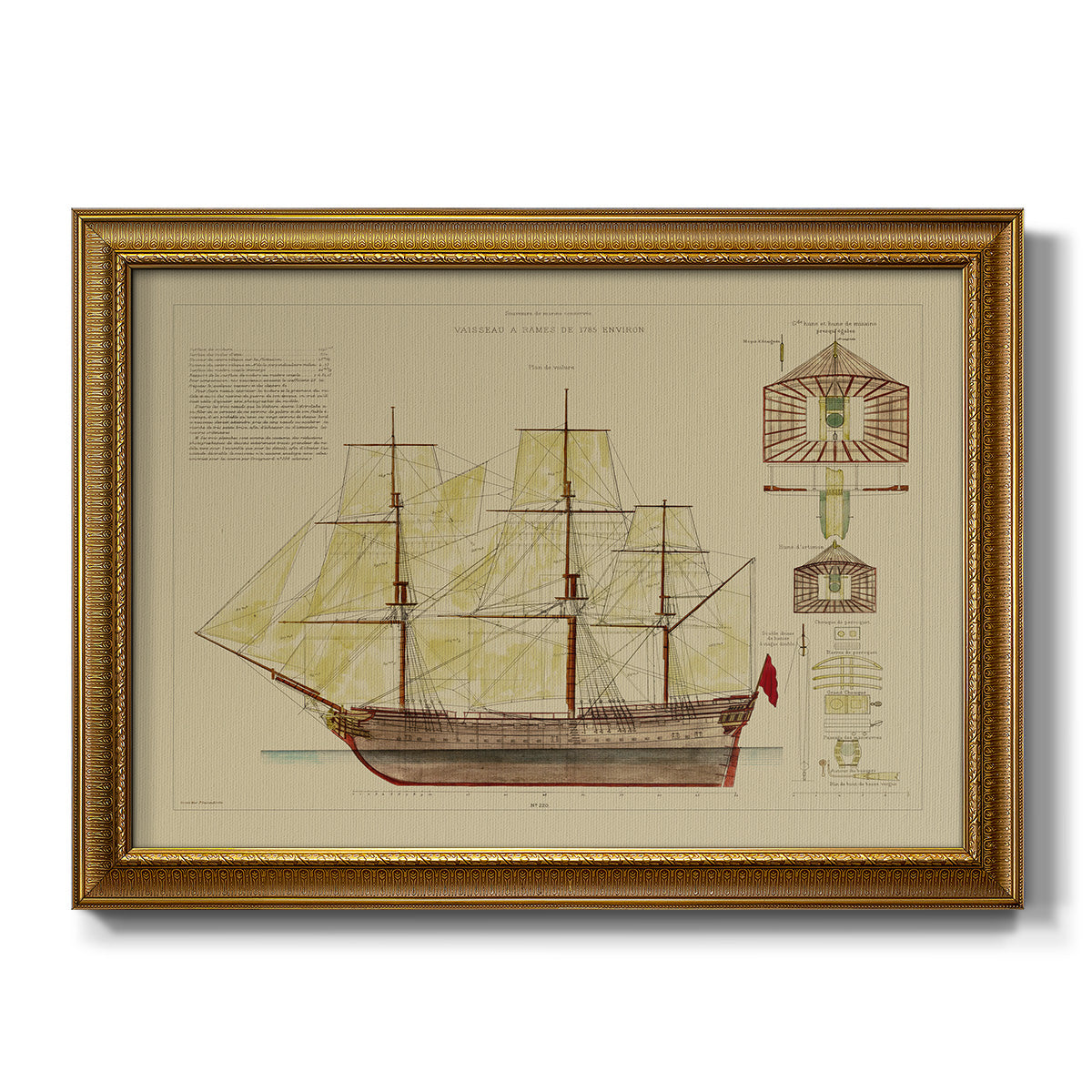 Antique Ship Plan VIII - Ornate Framed Canvas Print