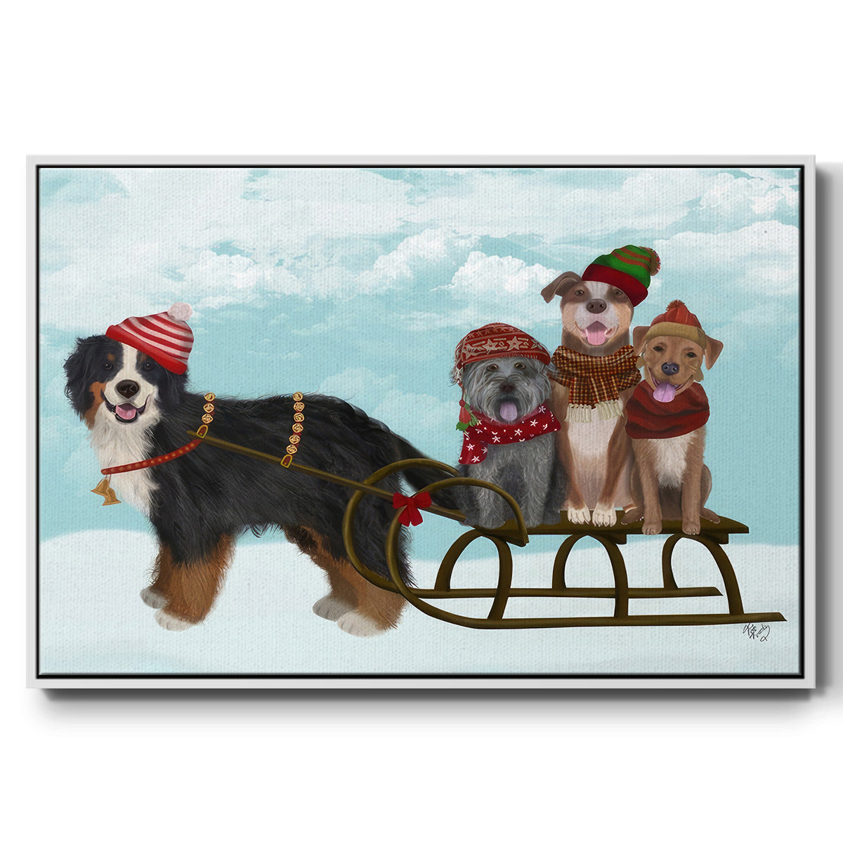Christmas Mutt Sled - Framed Gallery Wrapped Canvas in Floating Frame