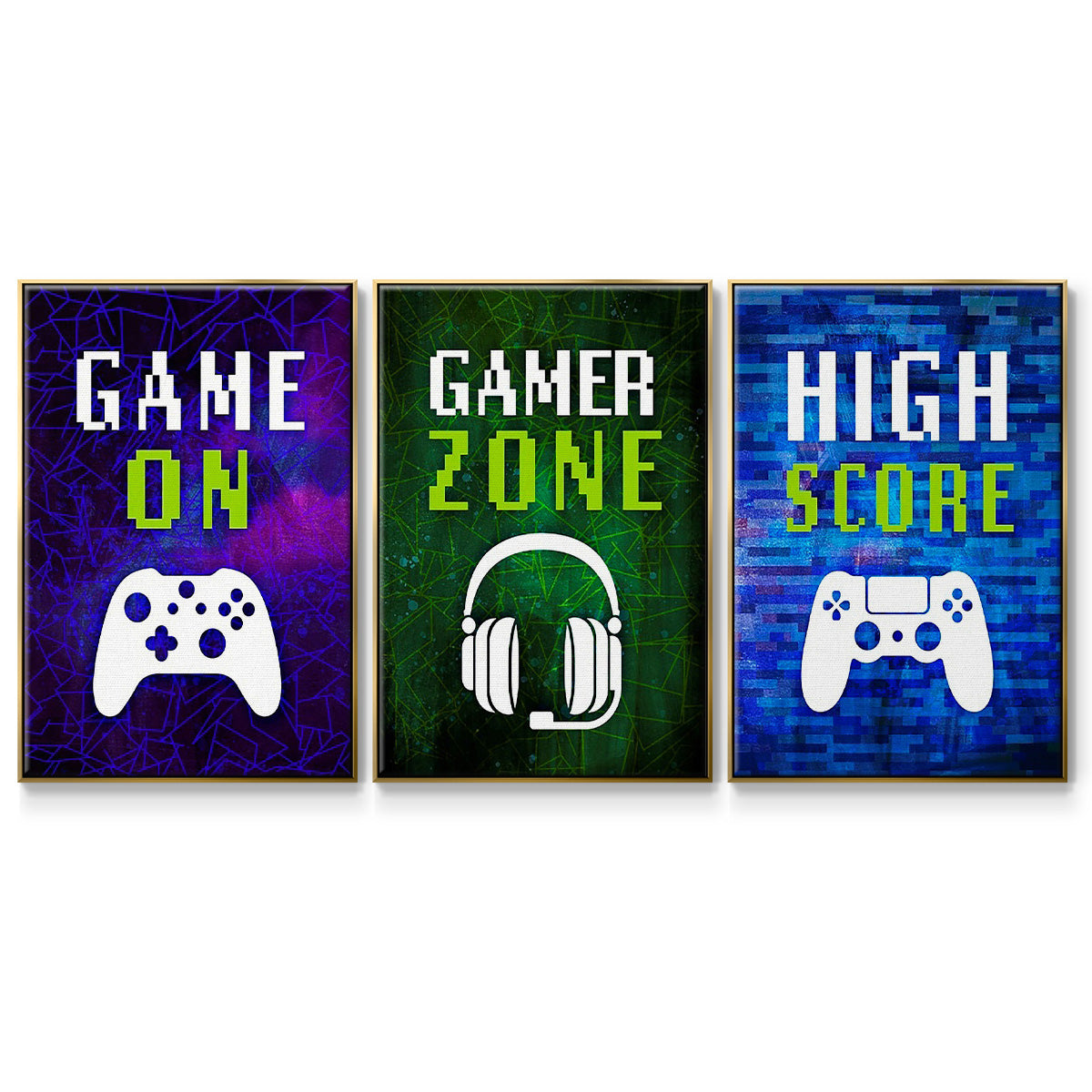 It's Game On I - Framed Premium Gallery Wrapped Canvas L Frame 3 Piece Set - Ready to Hang