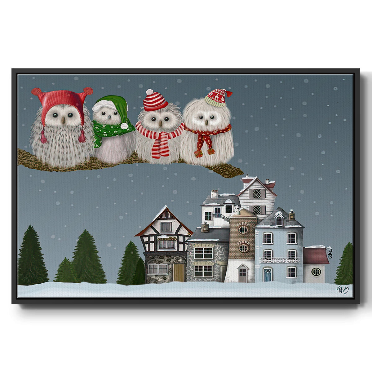 Christmas Owl Village - Floater Framed Canvas Print