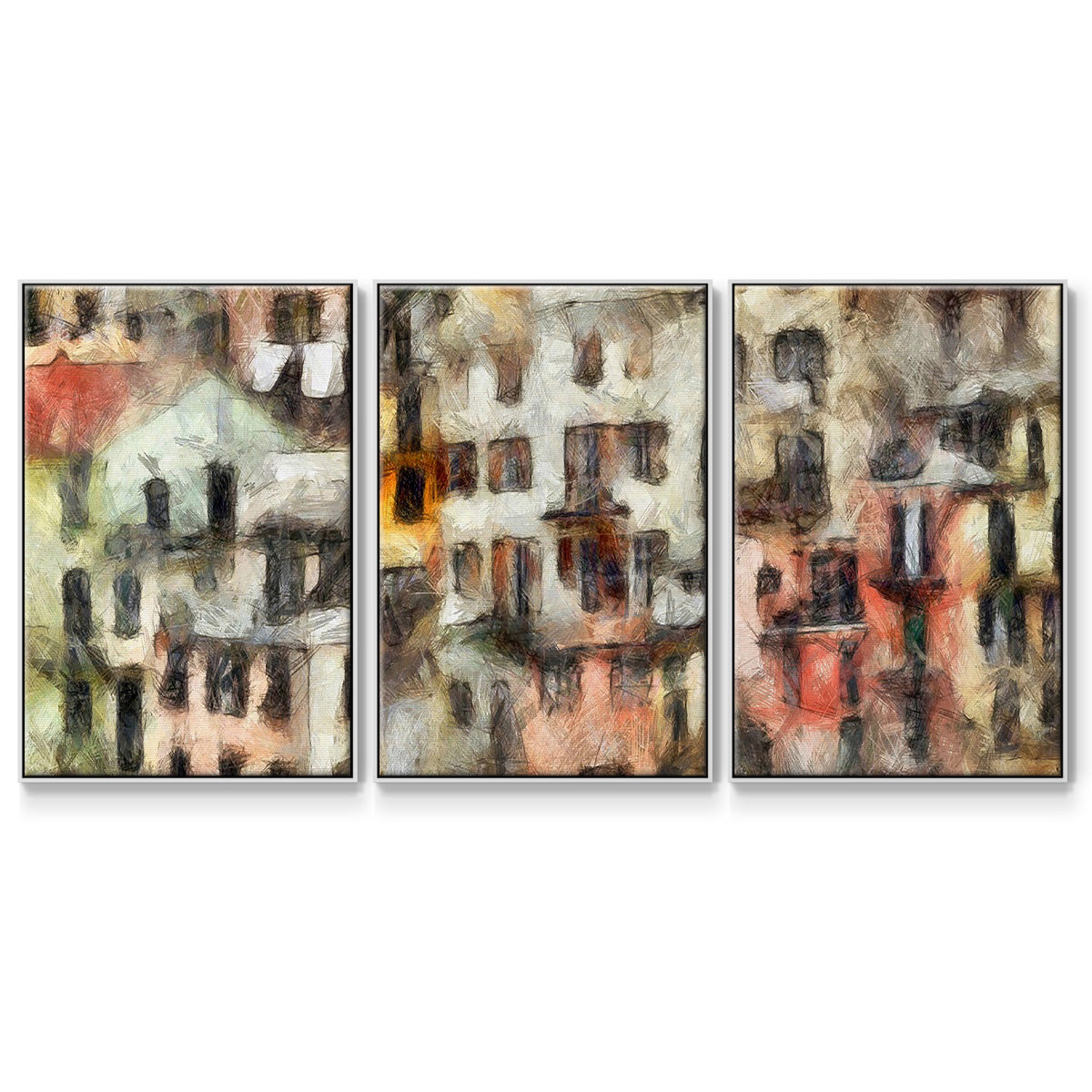 Stacked Houses I - Framed Premium Gallery Wrapped Canvas L Frame 3 Piece Set - Ready to Hang