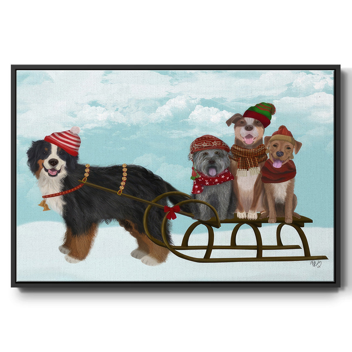Christmas Mutt Sled - Floater Framed Canvas Print