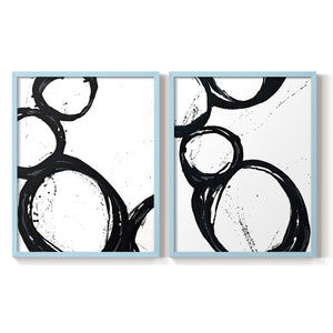 Colorful geometric landscape artwork depicting a coastal view with blue waters and green hills during daytime