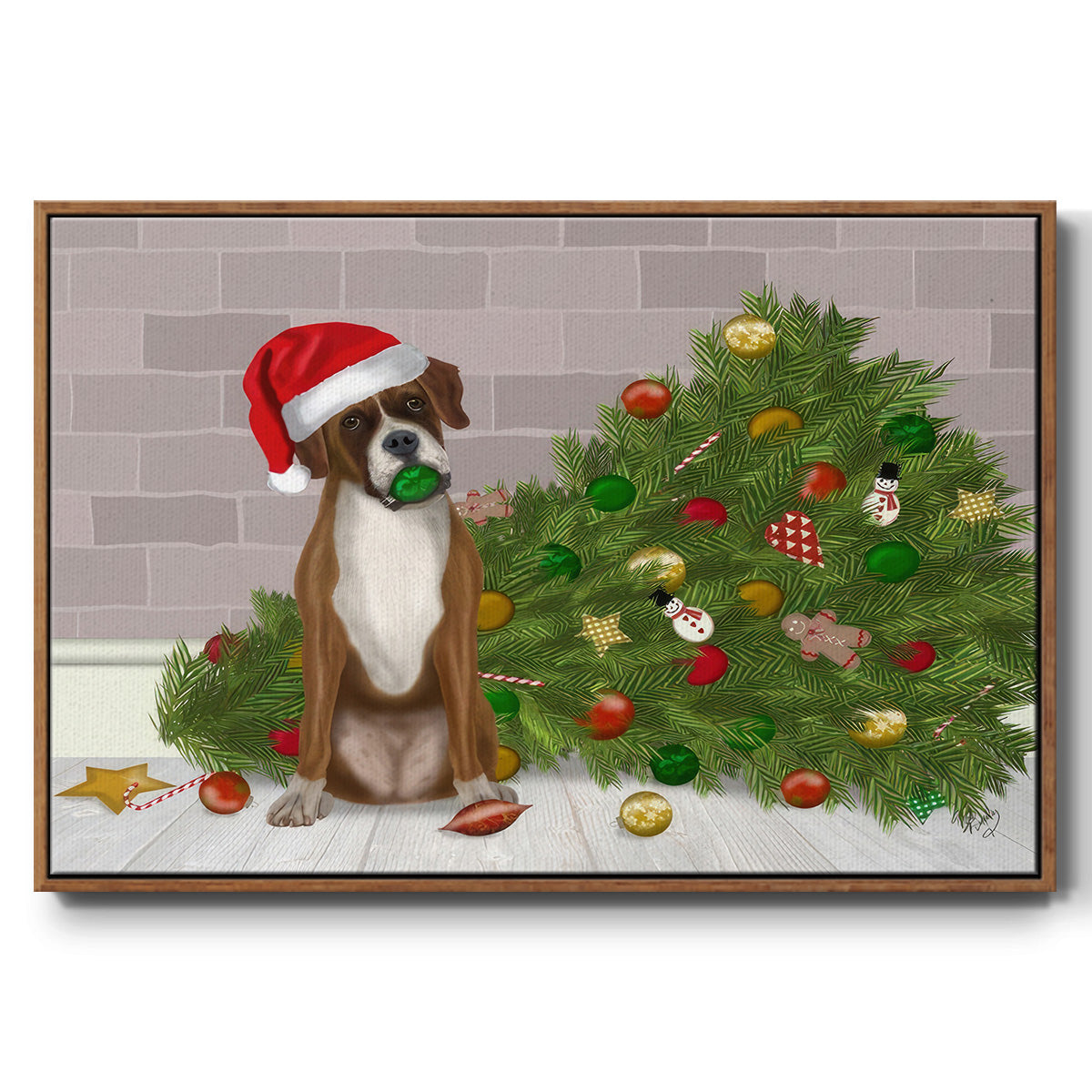 Christmas Boxer and Broken Christmas Tree - Framed Gallery Wrapped Canvas in Floating Frame
