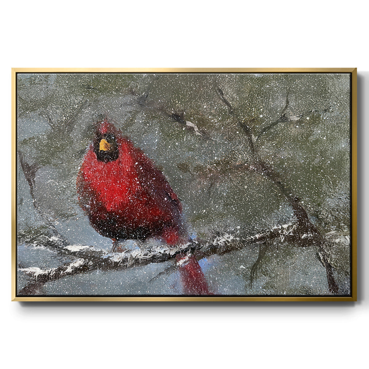 Cardinal in Snow I - Framed Gallery Wrapped Canvas in Floating Frame