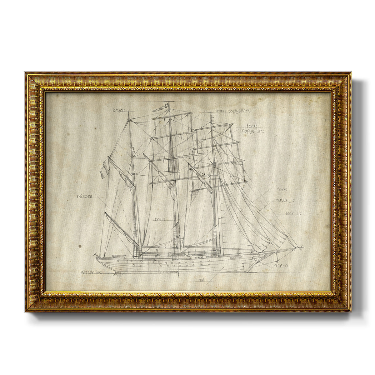 Sailboat Blueprint I - Ornate Framed Canvas Print