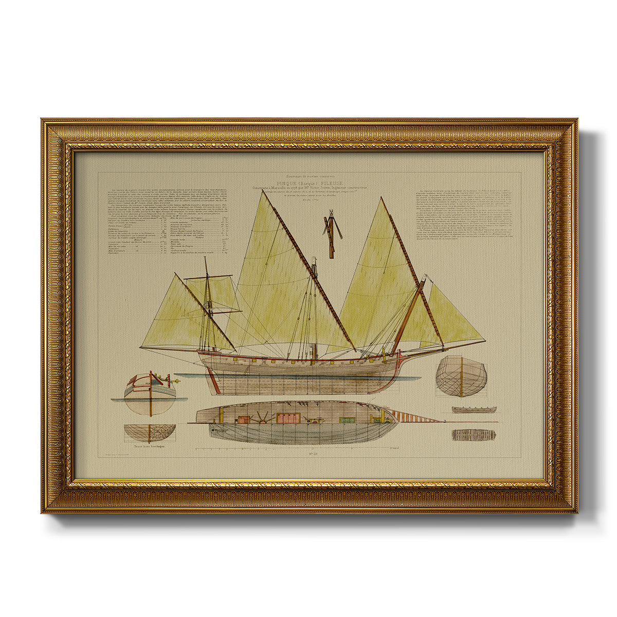 Antique Ship Plan V - Ornate Framed Canvas Print