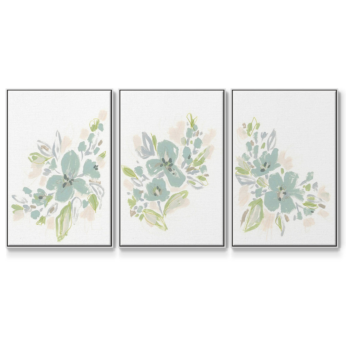 Seafoam Petals I - Framed Premium Gallery Wrapped Canvas L Frame 3 Piece Set - Ready to Hang