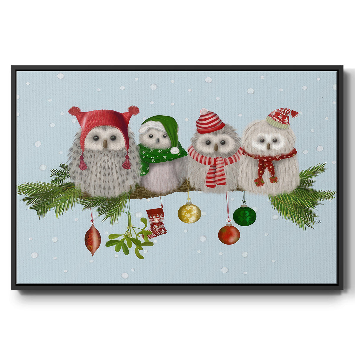 Fluffy Christmas Owls on Branch - Floater Framed Canvas Print