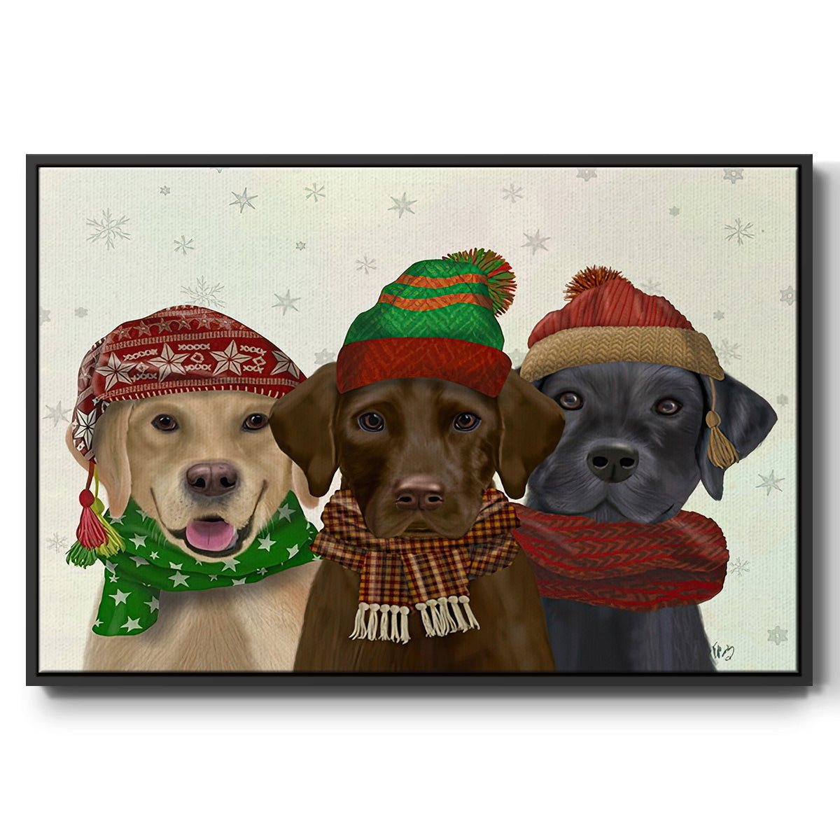 Christmas 3 Winter Labs - Framed Gallery Wrapped Canvas in Floating Frame