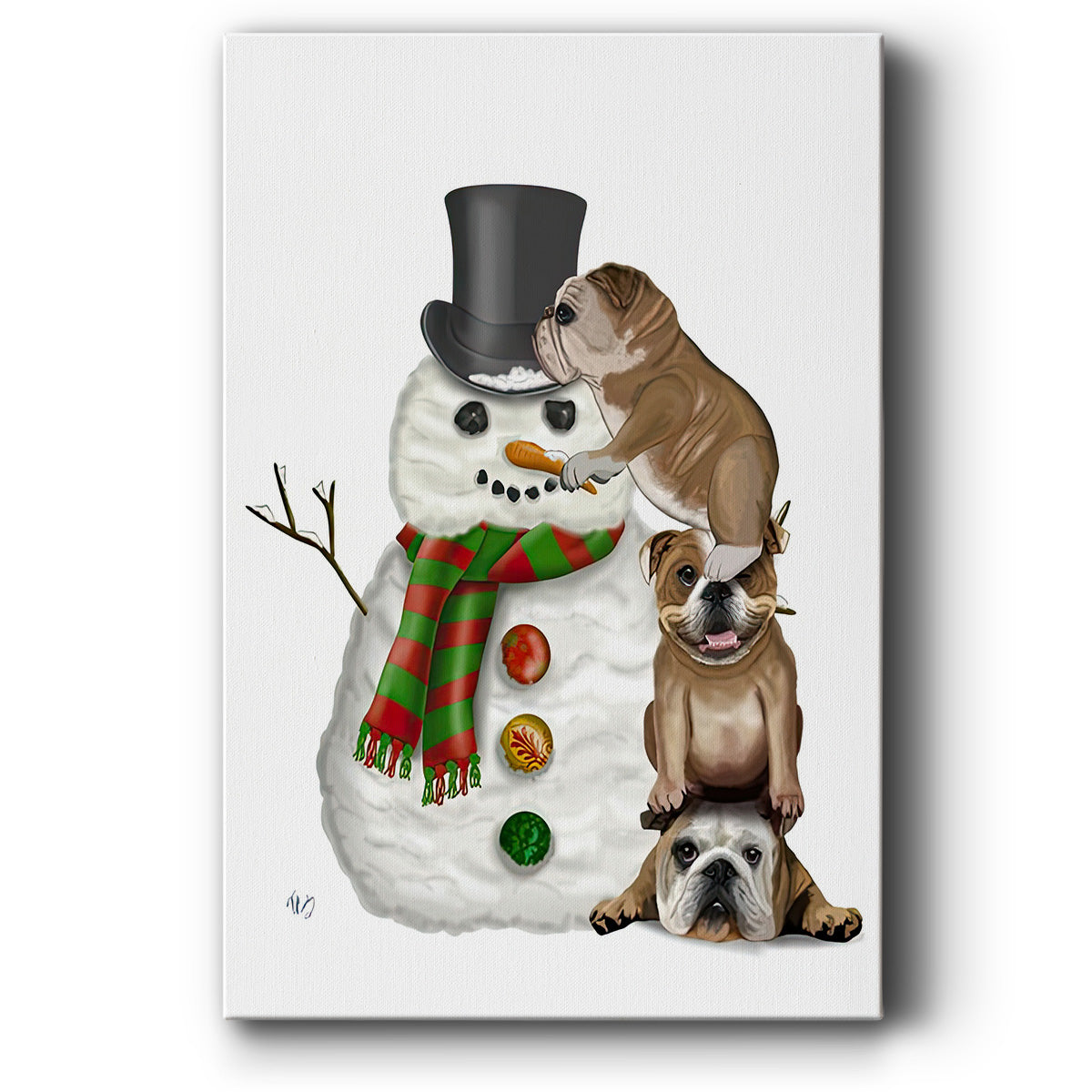 Christmas English Bulldogs Building Snowman - Canvas Art Print
