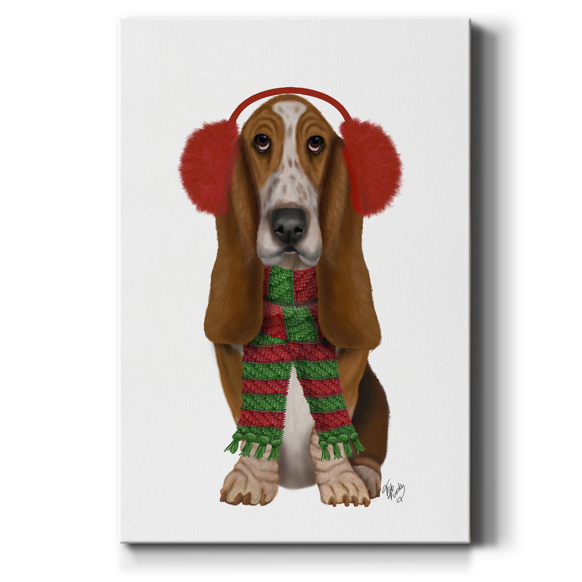 Christmas Des - Basset Hound and Ear Muffs Premium Gallery Wrapped Canvas - Ready to Hang