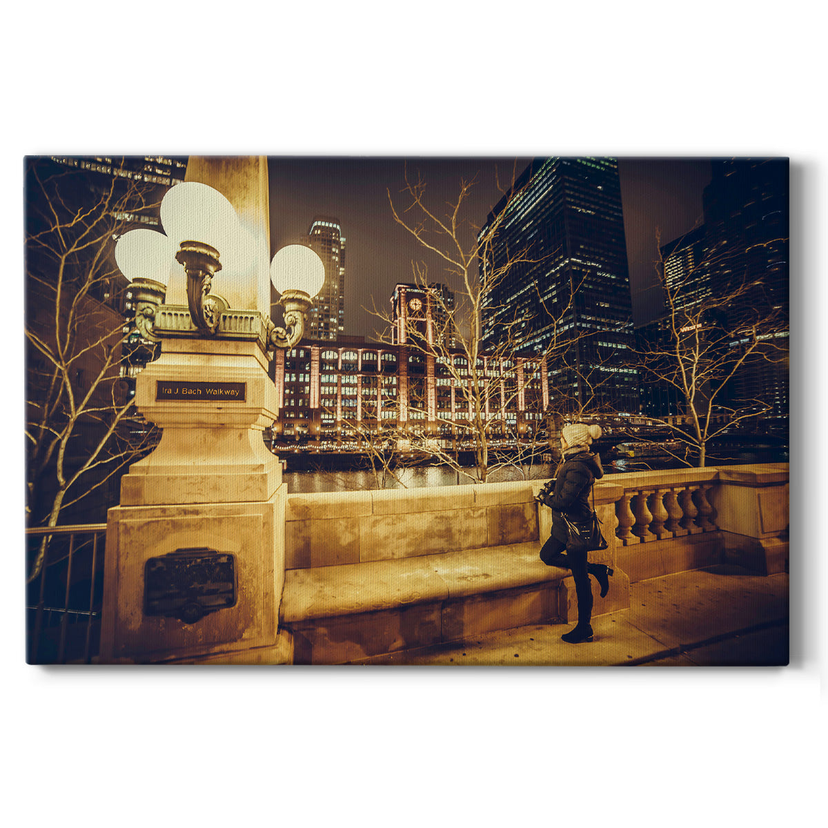 Chicago River Walk at Night - Canvas Art Print