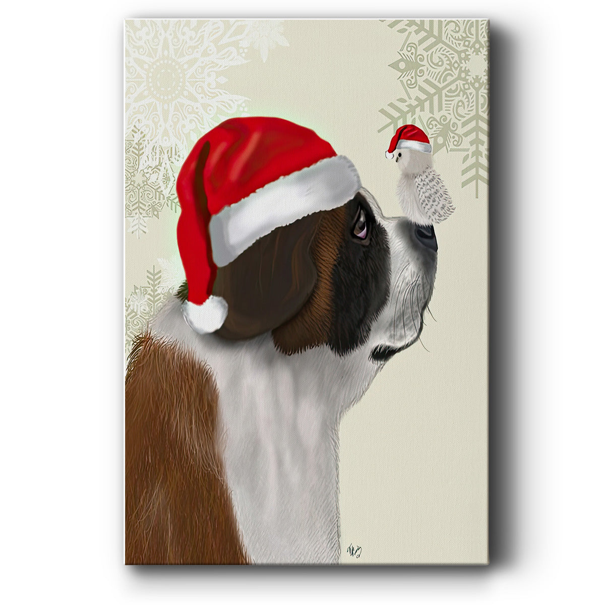 Christmas St Bernard and Fluffy Owl - Canvas Art Print