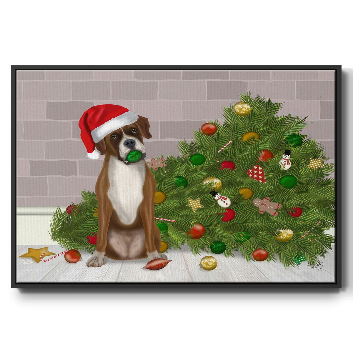 Christmas Boxer and Broken Christmas Tree - Floater Framed Canvas Print