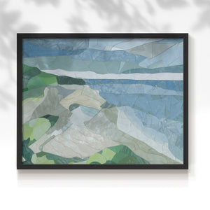 Abstract artwork features a coastal landscape with blue waters and gentle green hills. The composition uses geometric shapes to create a serene and vibrant atmosphere.