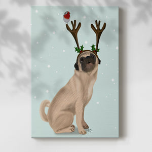 Christmas Pug with Antlers and Robin - Gallery Wrapped Canvas