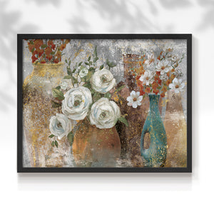 45359,floral arrangement,vintage vases,white roses,colorful flowers,interior decor,traditional setting,elegant atmosphere,rustic charm,art,home decoration,decorative art,still life,painting,wall art,nature,blossoms,handcrafted,textures,serenity,warmth,floral decor,home accessories,interior design,room decoration,botanical,aesthetics,creativity,tranquility,visual art,flowers,art prints,gallery wall,unique design,classic style,ornamental vases,bloom arrangement,Re-stickable,Plants & Flowers