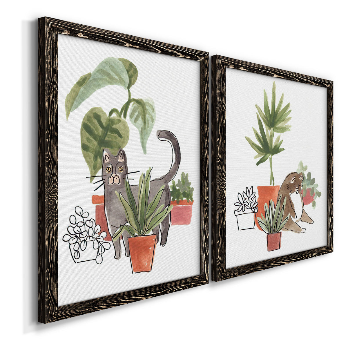 Purrfect Plants I - Premium Framed Canvas 2 Piece Set - Ready to Hang