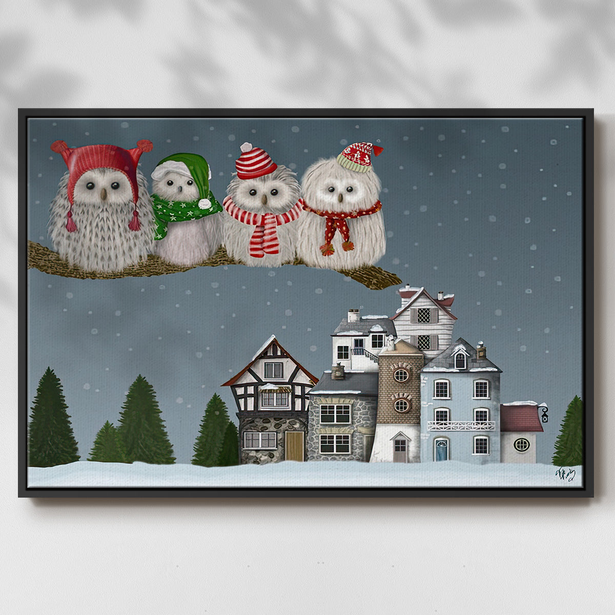 Christmas Christmas Owl Village - Framed Gallery Wrapped Canvas in Floating Frame