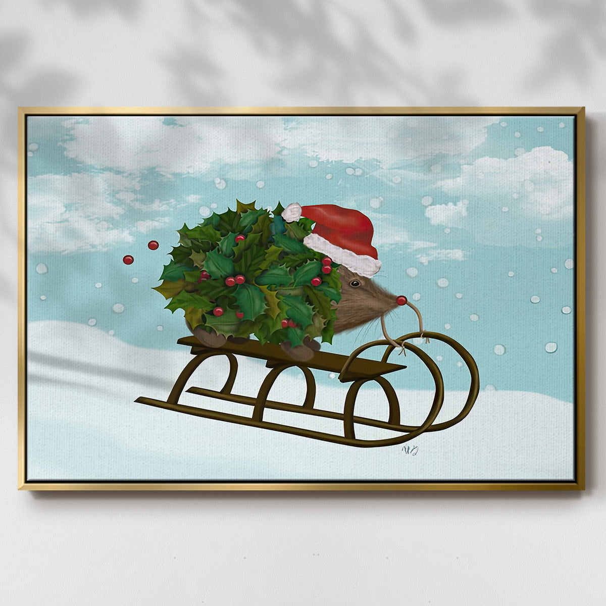 Christmas Holly Hedgehog Sledding - Framed Gallery Wrapped Canvas in Floating Frame