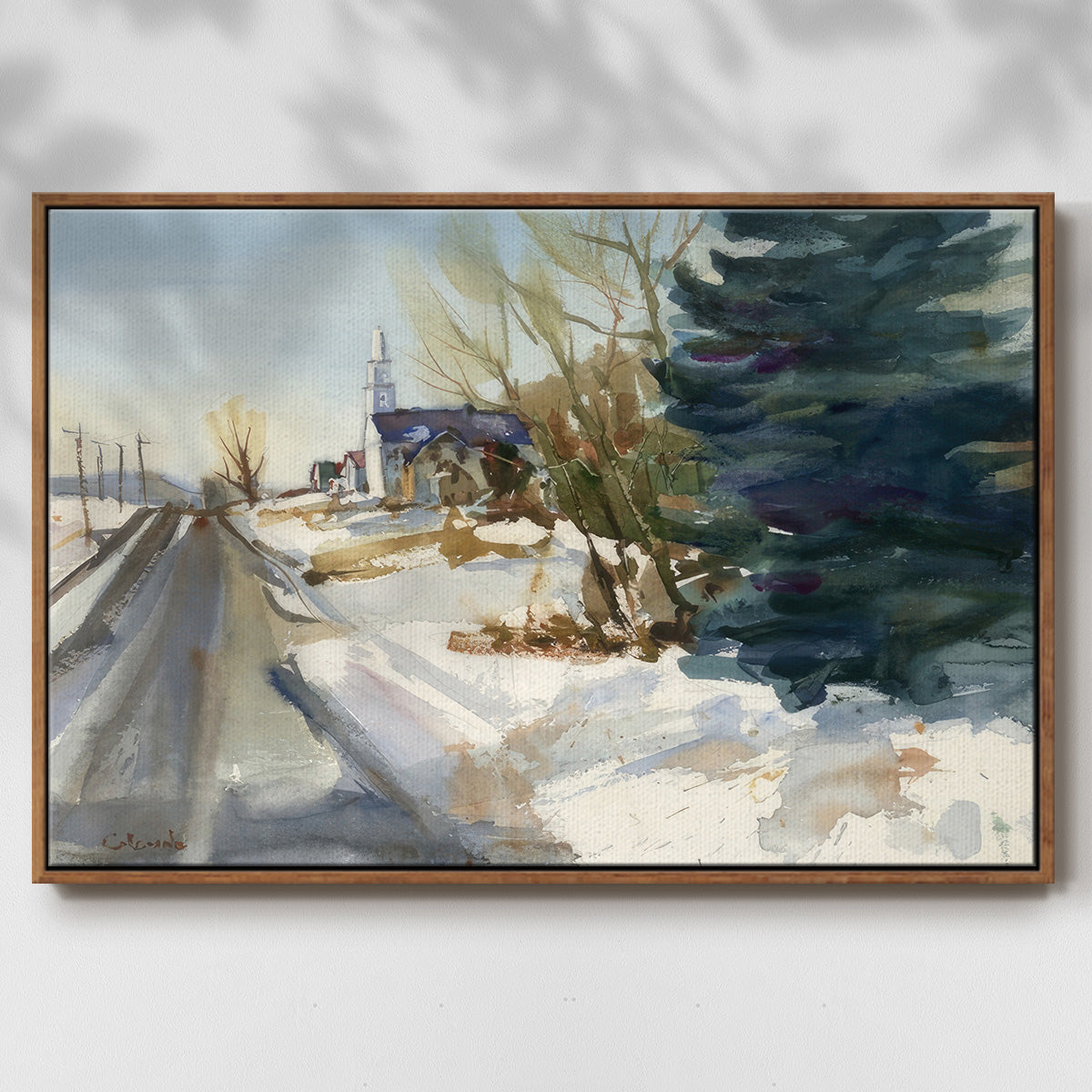 Congregational Church in Winter - Framed Gallery Wrapped Canvas in Floating Frame