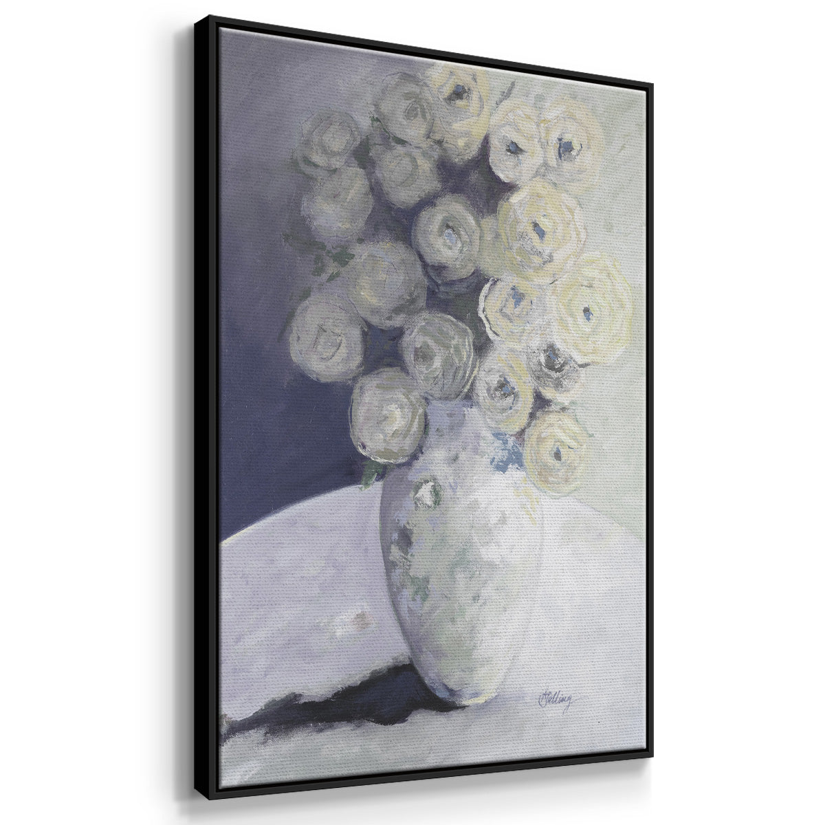 Green Vase with Yellow Flowers - Framed Premium Gallery Wrapped Canvas L Frame - Ready to Hang