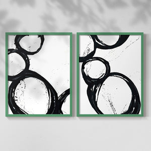 Colorful geometric landscape artwork depicting a coastal view with blue waters and green hills during daytime