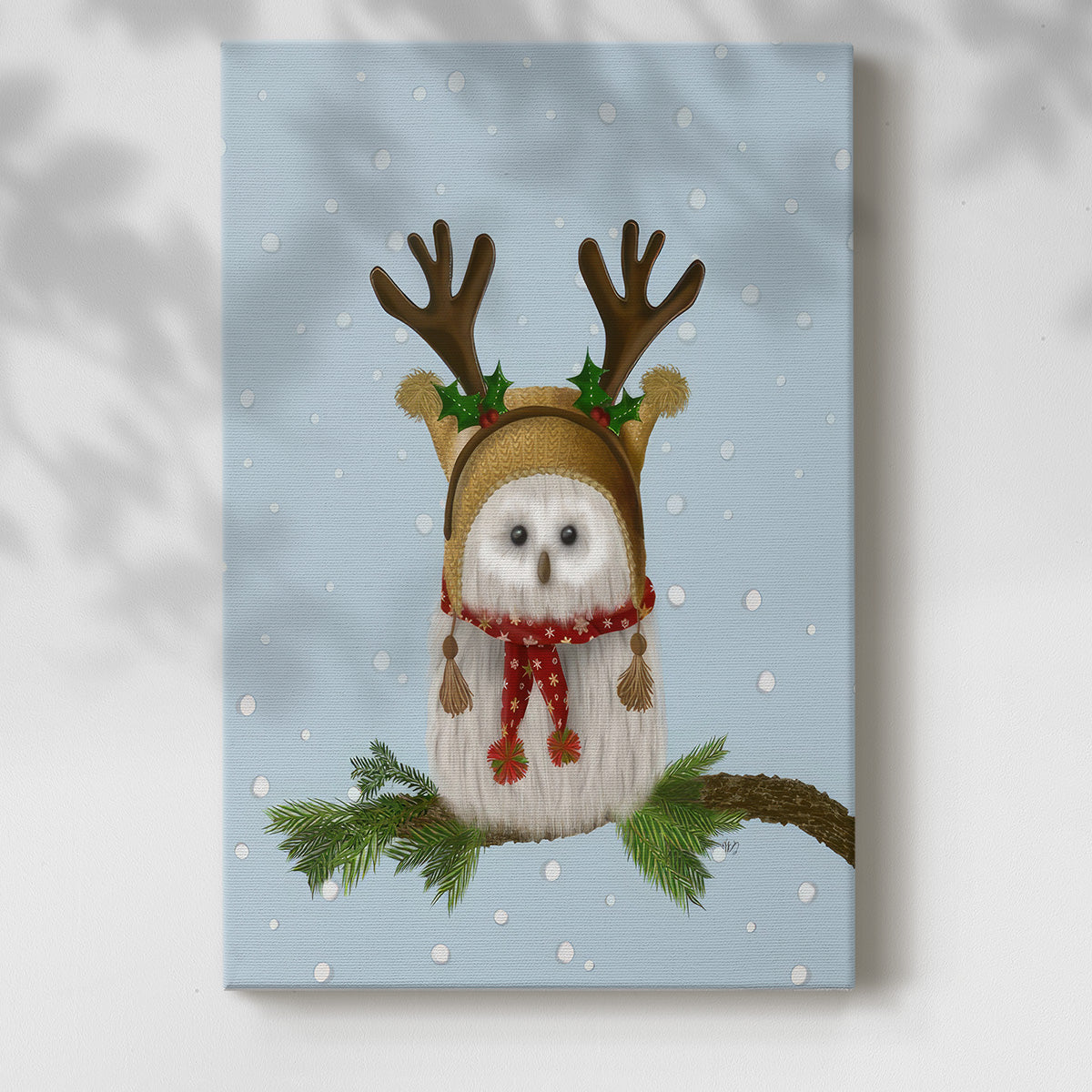 Christmas Fluffy Owl and Antlers - Gallery Wrapped Canvas