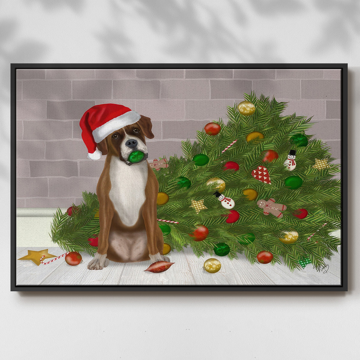 Christmas Boxer and Broken Christmas Tree - Framed Gallery Wrapped Canvas in Floating Frame
