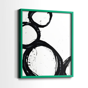 Colorful geometric landscape artwork depicting a coastal view with blue waters and green hills during daytime