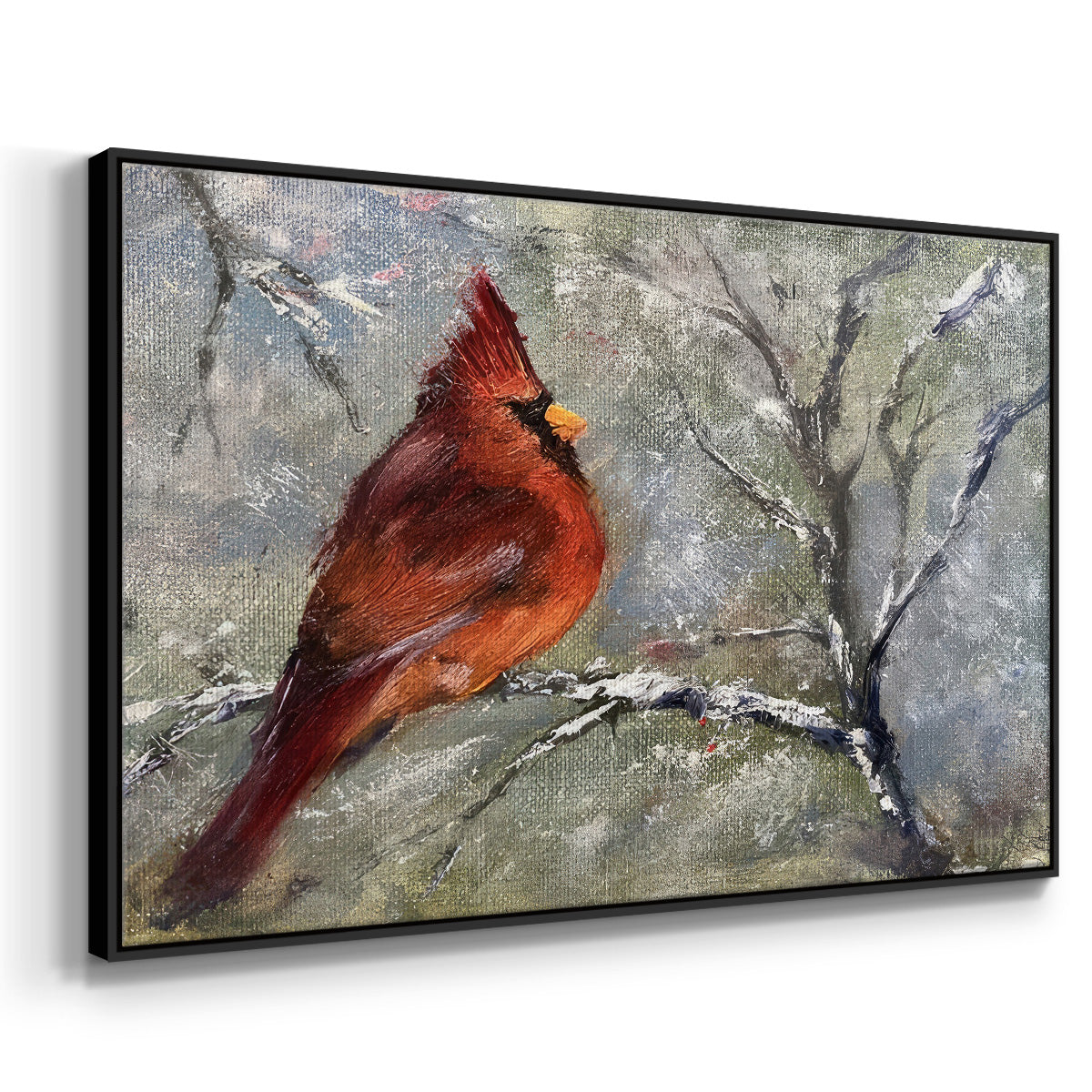 Cardinal in Snow II - Framed Gallery Wrapped Canvas in Floating Frame