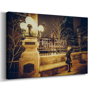 Chicago River Walk at Night - Gallery Wrapped Canvas