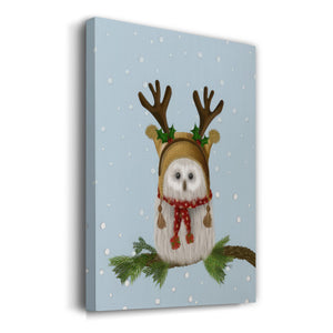 Christmas Fluffy Owl and Antlers - Gallery Wrapped Canvas