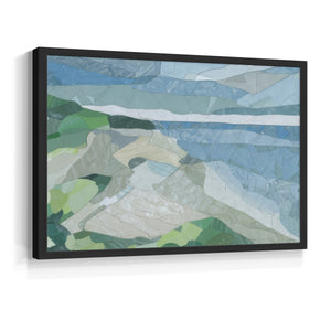 Abstract artwork features a coastal landscape with blue waters and gentle green hills. The composition uses geometric shapes to create a serene and vibrant atmosphere.