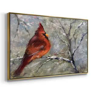 Cardinal in Snow II - Framed Gallery Wrapped Canvas in Floating Frame